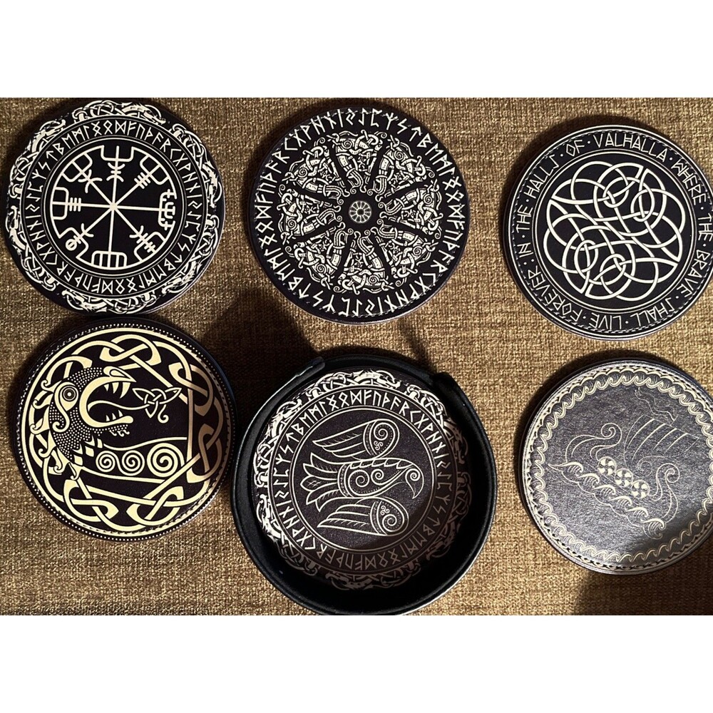 6 Black Celtic Viking Designs Drinking Coasters PU Leather Coaster with Holder